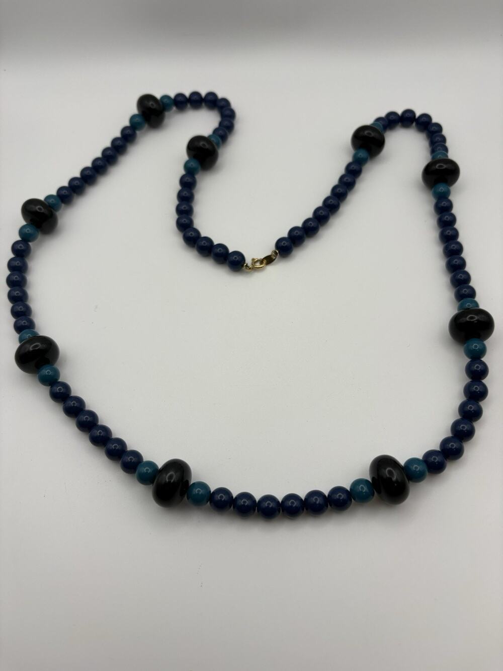Vintage Trifari Blue Teal Black Lucite Beaded Necklace 28" Chunky Modernist